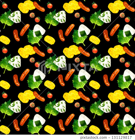 Seamless pattern of classic bento rice balls and side dishes - hand-drawn watercolor illustration background material Seamless pattern of classic bento rice balls and side dishes - hand-drawn watercolor illustration background material 131129817