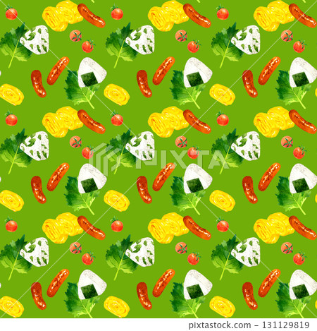 Seamless pattern of classic bento rice balls and side dishes - hand-drawn watercolor illustration background material Seamless pattern of classic bento rice balls and side dishes - hand-drawn watercolor illustration background material 131129819