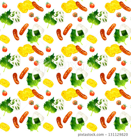 Seamless pattern of classic bento rice balls and side dishes - hand-drawn watercolor illustration background material 131129820