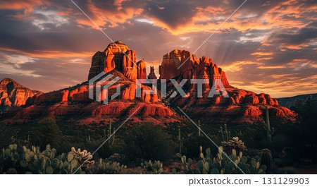 Stunning Sunset Over Red Rock Formations- Generative Ai 131129903