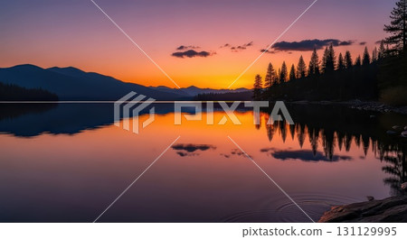 Serene Lake at Sunset With Vibrant Reflections - Generative Ai Serene Lake at Sunset With Vibrant Reflections - Generative Ai 131129995