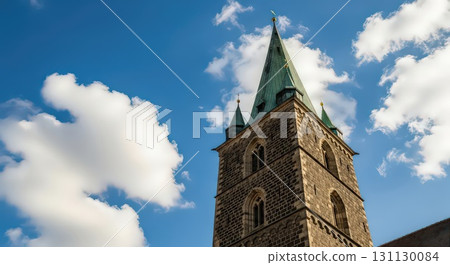 Tall Stone Church Tower Against Blue Sky - Generative Ai Tall Stone Church Tower Against Blue Sky - Generative Ai 131130084