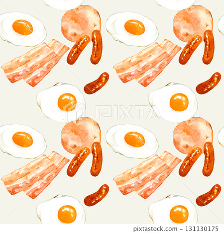 Seamless pattern of grilled meat products and fried eggs. Hand-drawn watercolor illustration background material. 131130175