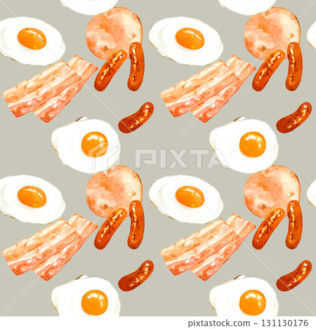 Seamless pattern of grilled meat products and fried eggs. Hand-drawn watercolor illustration background material. 131130176