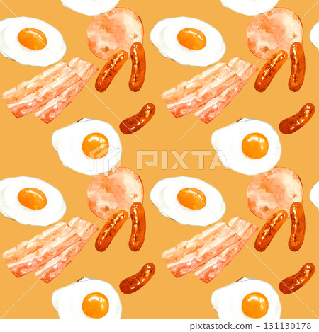 Seamless pattern of grilled meat products and fried eggs. Hand-drawn watercolor illustration background material. 131130178