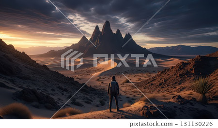 Hiker admiring dramatic mountain landscape at sunset- generative ai 131130226