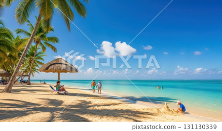 Tropical Beach Paradise With Palm Trees and Clear Water- Generative Ai 131130339