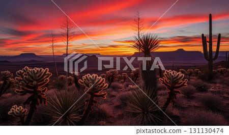 Stunning Desert Sunset With Silhouetted Cacti Ai Generated 131130474