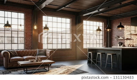 Stylish Industrial Living Room With Modern Kitchen - Generative Ai 131130483