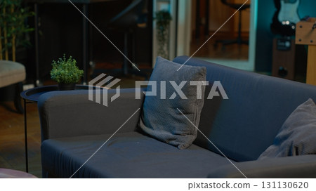 Contemporary apartment with modern indoor plants and neon lights creating a cozy casual living room with a smart tv and comfortable setup. Empty studio loft with trendy furniture. 131130620