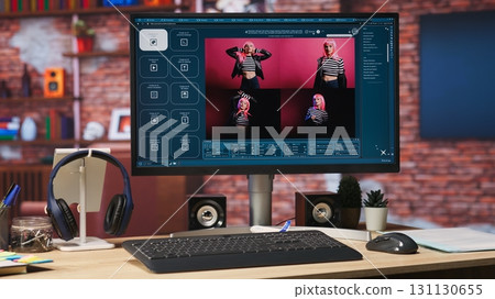 Computer monitor in apartment showing artificial intelligence generating images from basic text prompts. PC display with AI GPT generating photographs using natural language processing Computer monitor in apartment showing artificial intelligence generating images from basic text prompts. PC display with AI GPT generating photographs using natural language processing 131130655