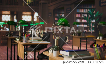 Grand serene academic library featuring traditional architecture for quiet study, elegant desks and historic charm in an old fashioned space. Formal environment for research, education and knowledge. 131130728
