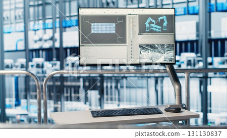 Monitor displaying industrial automation software overlooking industry 4.0 smart factory with robotic arms, modular production units, connected machines and control systems 131130837