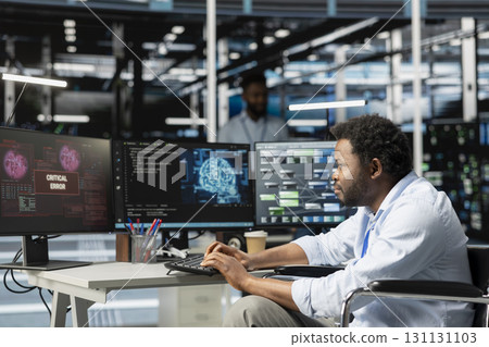 Data center software developer with paraplegia seeing glitch warning while using artificial intelligence model. Server room IT specialist with disability getting errors while programming AI algorithms Data center software developer with paraplegia seeing glitch warning while using artificial intelligence model. Server room IT specialist with disability getting errors while programming AI algorithms 131131103