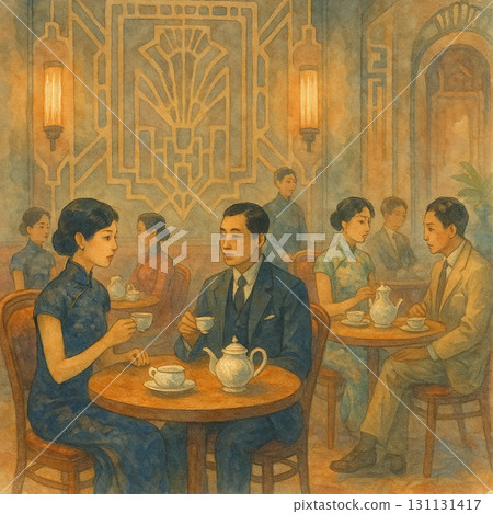 老上海茶館與旗袍仕女插畫 131131417