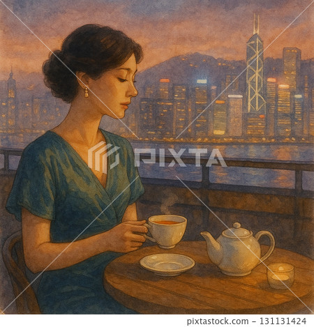維港夜景下的茶香插畫 131131424