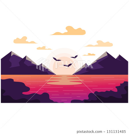 landscape illustration natural scenery background with hills,sky,moon,clouds,sun pine lake 131131485