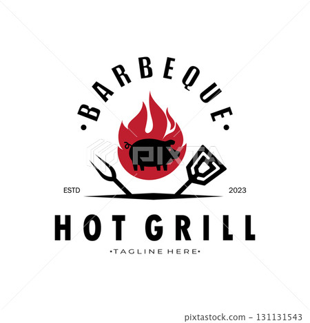Smoke and BBQ Barbecue Vintage hot grill, with crossed flames and spatula. Logo for restaurant, badge, cafe and bar.vector 131131543