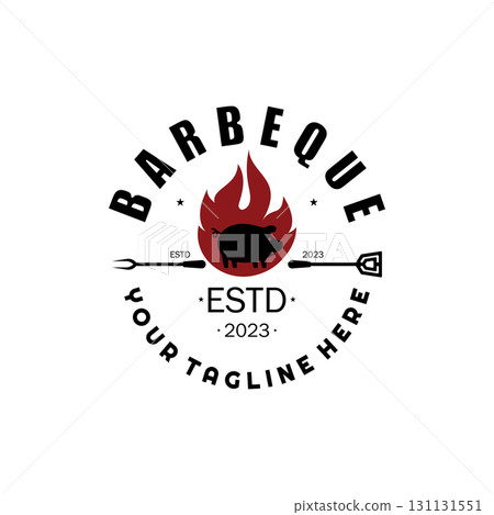 Smoke and BBQ Barbecue Vintage hot grill, with crossed flames and spatula. Logo for restaurant, badge, cafe and bar.vector 131131551