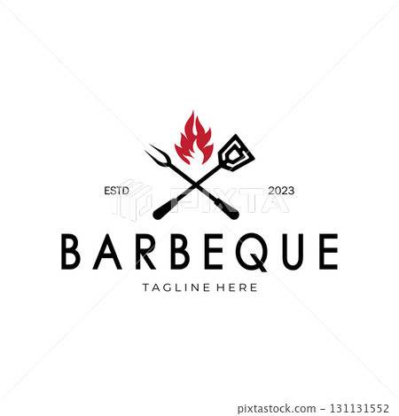 Smoke and BBQ Barbecue Vintage hot grill, with crossed flames and spatula. Logo for restaurant, badge, cafe and bar.vector 131131552