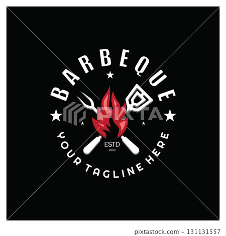 Smoke and BBQ Barbecue Vintage hot grill, with crossed flames and spatula. Logo for restaurant, badge, cafe and bar.vector 131131557
