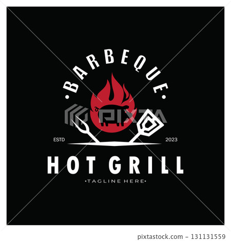 Smoke and BBQ Barbecue Vintage hot grill, with crossed flames and spatula. Logo for restaurant, badge, cafe and bar.vector Smoke and BBQ Barbecue Vintage hot grill, with crossed flames and spatula. Logo for restaurant, badge, cafe and bar.vector 131131559