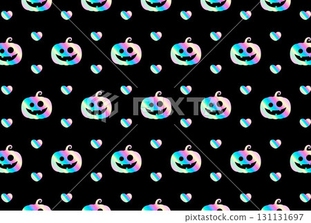 Halloween pastel holographic pumpkin and heart seamless pattern 131131697