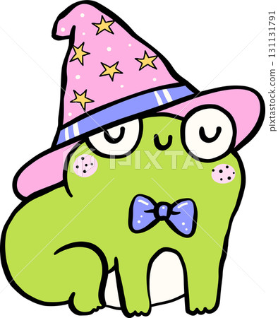 Halloween Cartoon Frog Wearing Wizard Hat Illustration Hand Drawn Halloween Cartoon Frog Wearing Wizard Hat Illustration Hand Drawn 131131791