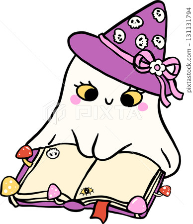 Halloween Bookish Reading Spooky Cute Ghost Reading Spellbook Illustration Hand Drawn 131131794
