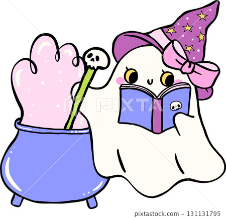 Halloween Bookish Reading Spooky Cute Ghost Reading a Book with Cauldron Hand Drawn Halloween Bookish Reading Spooky Cute Ghost Reading a Book with Cauldron Hand Drawn 131131795