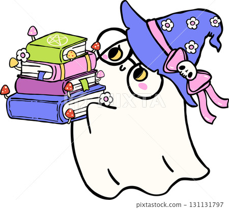 Halloween Bookish Reading Spooky Ghost Holding Stack Books Wearing Witch Hat Hand Drawn Halloween Bookish Reading Spooky Ghost Holding Stack Books Wearing Witch Hat Hand Drawn 131131797