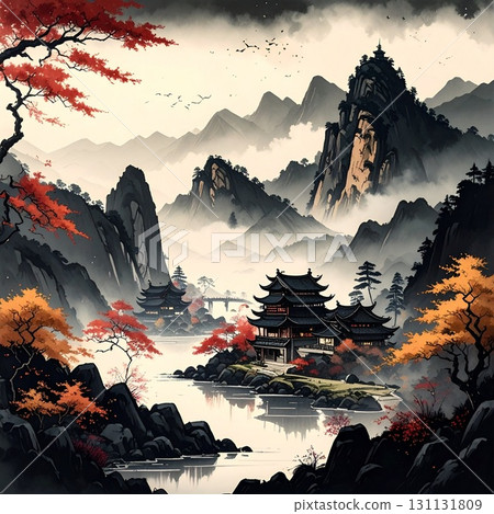 [AI-generated image] A fantastical landscape of deep mountains in ink painting style 131131809