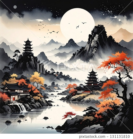 [AI-generated image] A fantastical landscape of deep mountains in ink painting style 131131810