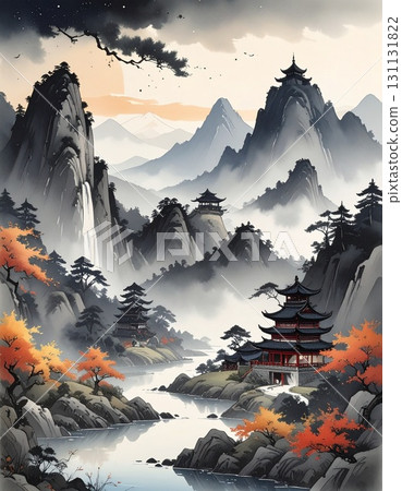 【AI 生成影像】水墨畫風格的深山奇幻風景 131131822