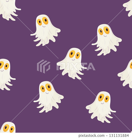 Seamless Halloween pattern with cute white ghosts on purple background 131131884