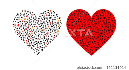 Heart shaped design of animal paw prints in vibrant colors perfect for animal lovers. 131131914
