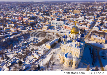 Aerial view of the Ascension Cathedral and residential areas in winter in Yelets 131132234