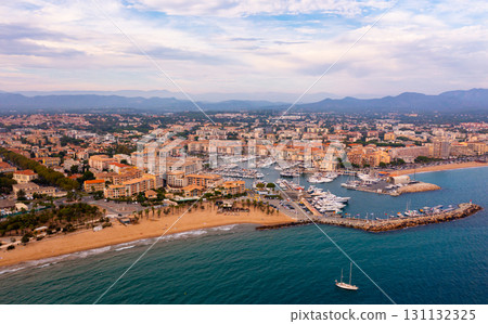 Aerial view of coastal area of Frejus overlooking marina, France Aerial view of coastal area of Frejus overlooking marina, France 131132325