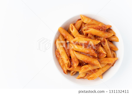 Penne with meat sauce on white background 131132411