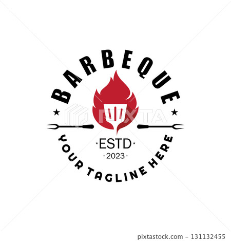 Simple Barbecue Vintage hot grill, with crossed flames and spatula. Logo for restaurant, badge, cafe and bar.vector 131132455