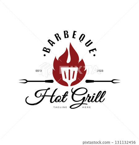 Simple Barbecue Vintage hot grill, with crossed flames and spatula. Logo for restaurant, badge, cafe and bar.vector Simple Barbecue Vintage hot grill, with crossed flames and spatula. Logo for restaurant, badge, cafe and bar.vector 131132456