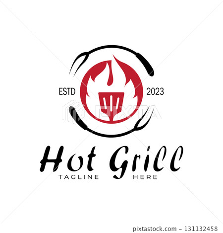 Simple Barbecue Vintage hot grill, with crossed flames and spatula. Logo for restaurant, badge, cafe and bar.vector 131132458