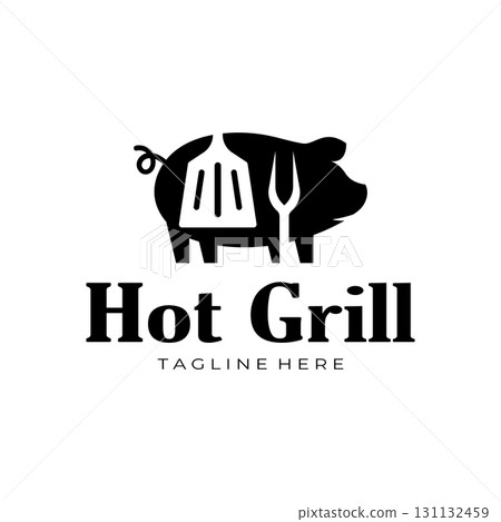 Simple Barbecue Vintage hot grill, with crossed flames and spatula. Logo for restaurant, badge, cafe and bar.vector Simple Barbecue Vintage hot grill, with crossed flames and spatula. Logo for restaurant, badge, cafe and bar.vector 131132459