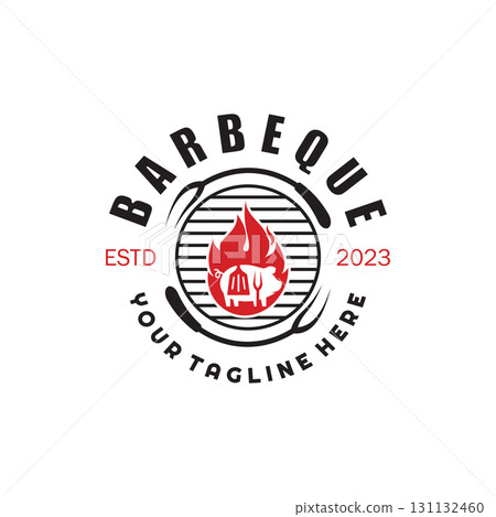 Simple Barbecue Vintage hot grill, with crossed flames and spatula. Logo for restaurant, badge, cafe and bar.vector Simple Barbecue Vintage hot grill, with crossed flames and spatula. Logo for restaurant, badge, cafe and bar.vector 131132460