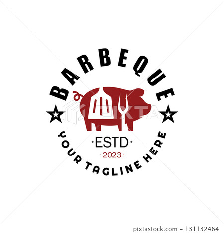 Simple Barbecue Vintage hot grill, with crossed flames and spatula. Logo for restaurant, badge, cafe and bar.vector 131132464