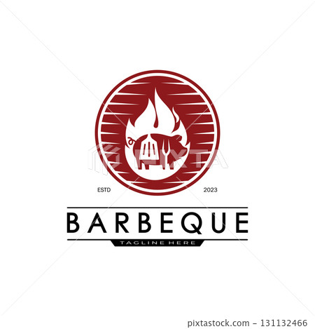 Simple Barbecue Vintage hot grill, with crossed flames and spatula. Logo for restaurant, badge, cafe and bar.vector 131132466