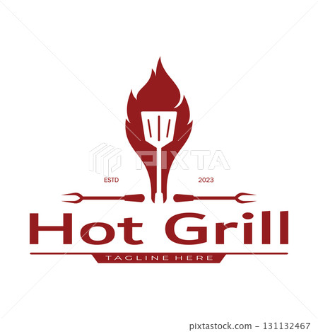 Simple Barbecue Vintage hot grill, with crossed flames and spatula. Logo for restaurant, badge, cafe and bar.vector 131132467