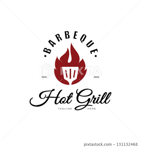 Simple Barbecue Vintage hot grill, with crossed flames and spatula. Logo for restaurant, badge, cafe and bar.vector 131132468