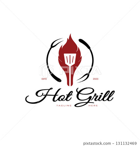 Simple Barbecue Vintage hot grill, with crossed flames and spatula. Logo for restaurant, badge, cafe and bar.vector 131132469