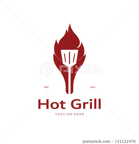 Simple Barbecue Vintage hot grill, with crossed flames and spatula. Logo for restaurant, badge, cafe and bar.vector Simple Barbecue Vintage hot grill, with crossed flames and spatula. Logo for restaurant, badge, cafe and bar.vector 131132470